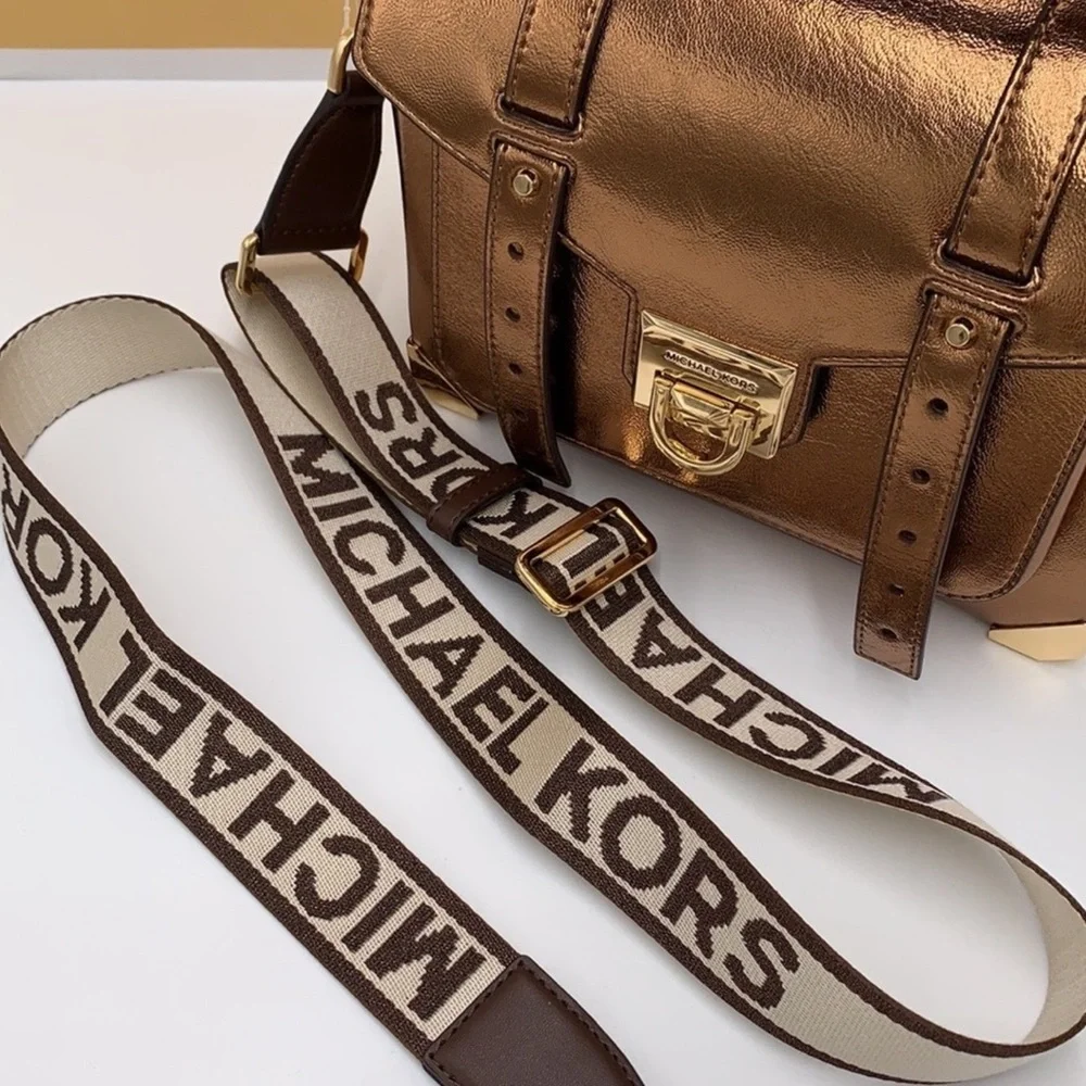 Michael Kors Manhattan Medium Satchel Mocha Leather Gold NWT
